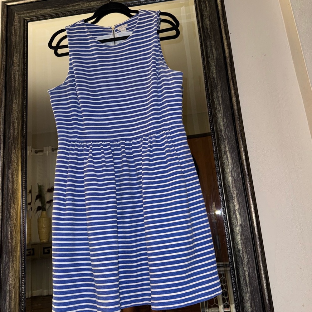 J. CREW FACTORY Striped Pleated Zip Back Ponte Dress in Bright Grotto Stripe - Picture 7 of 9
